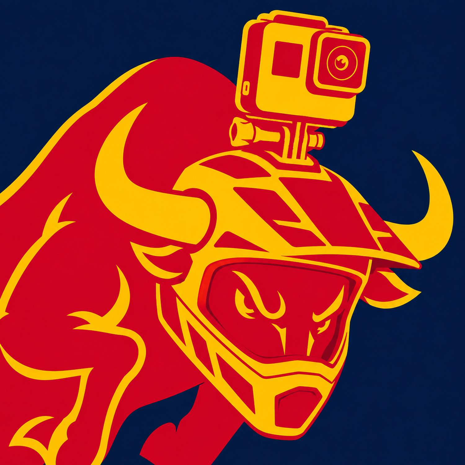 BullPro mascot in a motocross helmet with an action camera