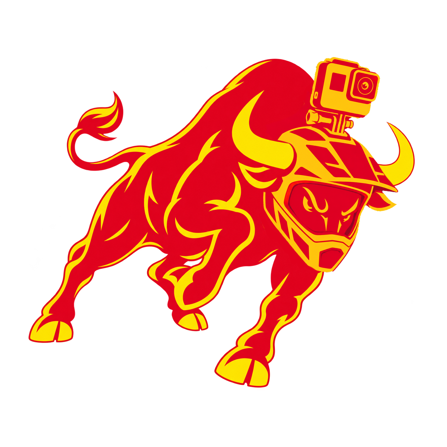 BullPro mascot: a flaming bull in a motocross helmet with an action camera